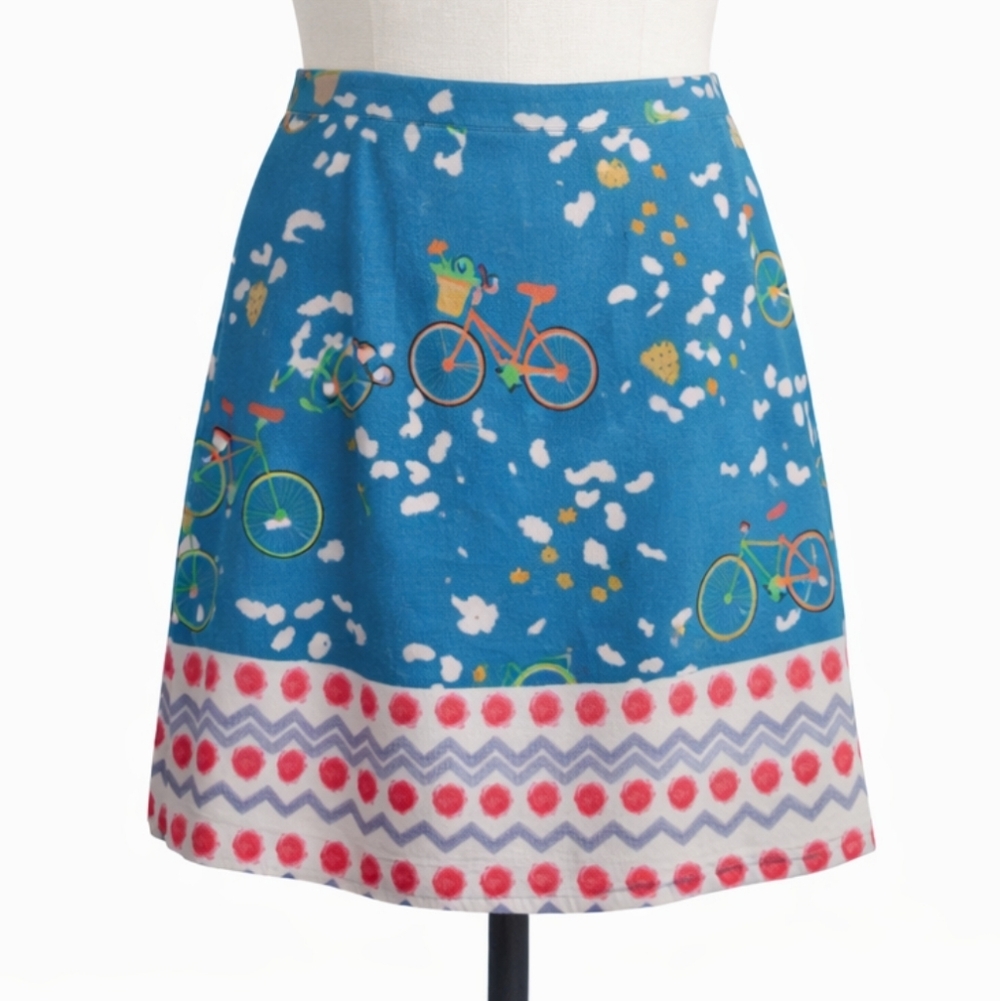 BENARES Blue Bicycle Print Skirt Rayon Stretch Small Colorful Whimsical Boho